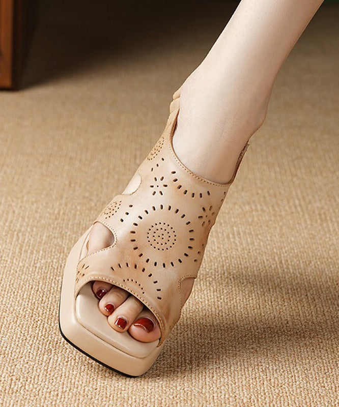 Brown Peep Toe Hollow Out Cowhide Leather Platform Chunky Sandals