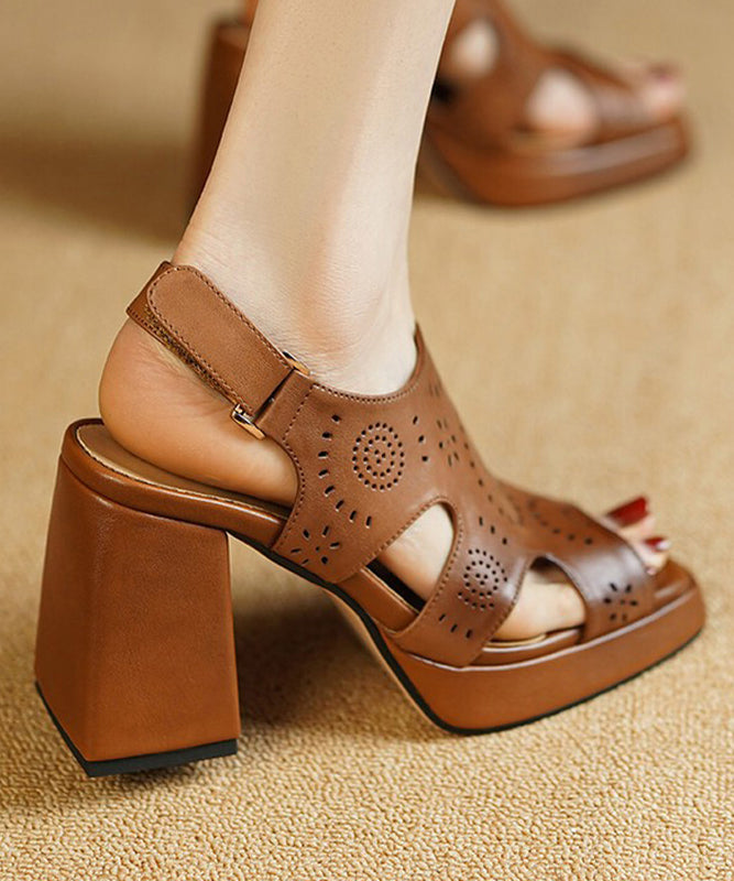 Brown Peep Toe Hollow Out Cowhide Leather Platform Chunky Sandals