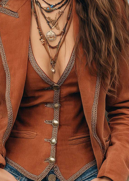 Brown Peter Pan Collar Cotton Two Pieces Set Fall