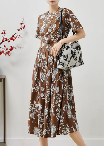 Brown Print Silm Fit Cotton Long Dresses Summer