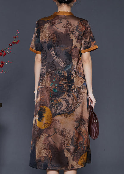 Brown Print Silm Fit Silk Long Dress Summer