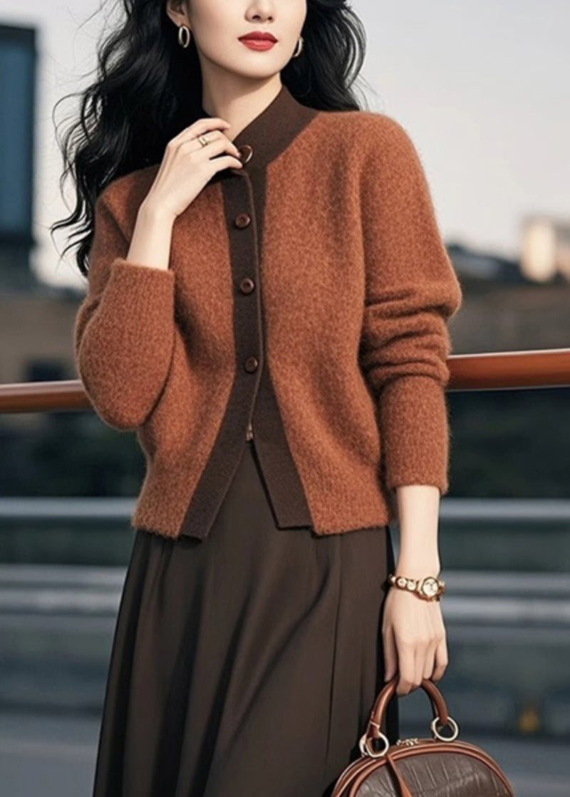 Brown Stand Collar Button Patchwork Knit Cardigans Spring