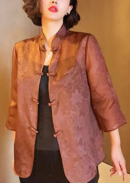 Brown Stand Collar Button Print Silk Blouses Summer