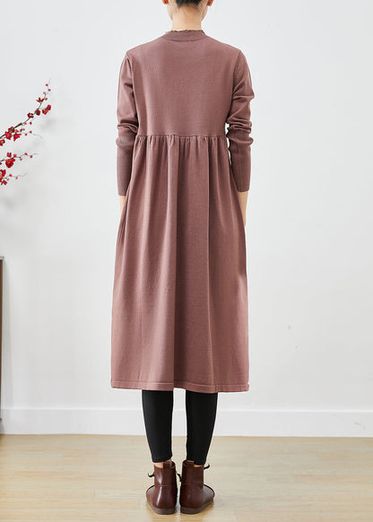 Brown Stand Collar Patchwork Button Knit Long Dress Fall