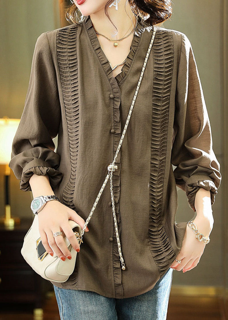 Brown V Neck Ruffled Patchwork Chiffon Blouse Long Sleeve