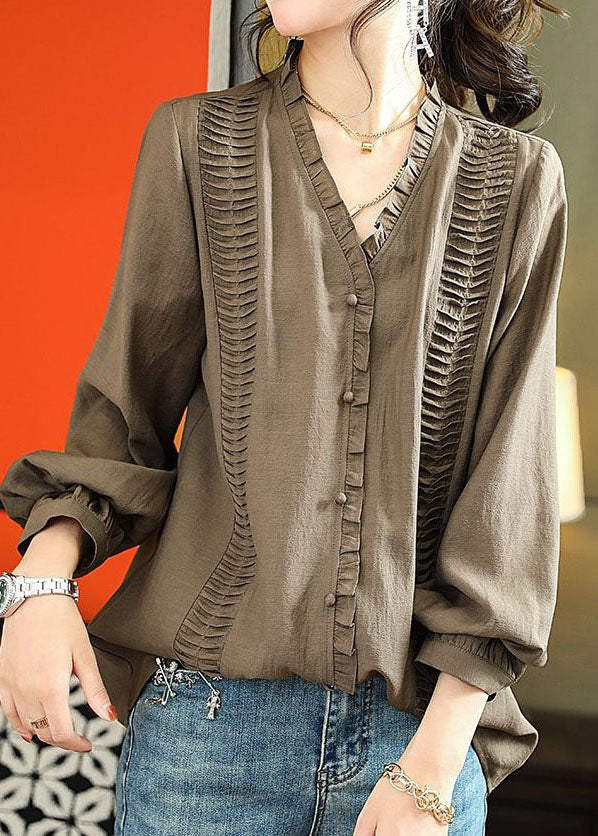 Brown V Neck Ruffled Patchwork Chiffon Blouse Long Sleeve