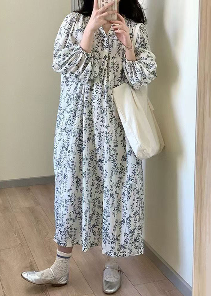 Button Print Tie Waist Cotton Long Dress Summer