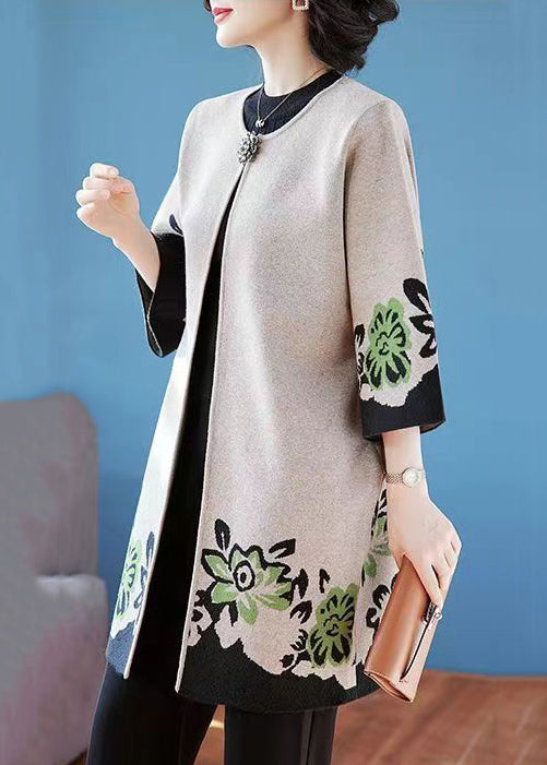 Camel O Neck Print Patchwork Knit Cardigans Fall