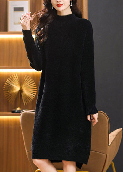 Caramel Hign Neck Mink Hair Knitwear Sweaters Dress Spring