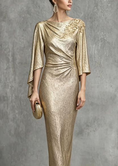 Champagne Asymmetrical Design Zircon Wrinkled Dress Summer