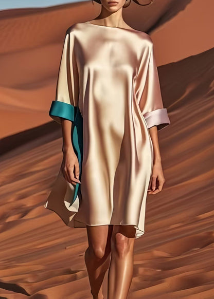 Champagne Patchwork Draping Silk Tea Dress Summer