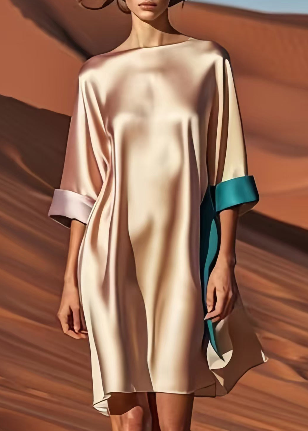 Champagne Patchwork Draping Silk Tea Dress Summer
