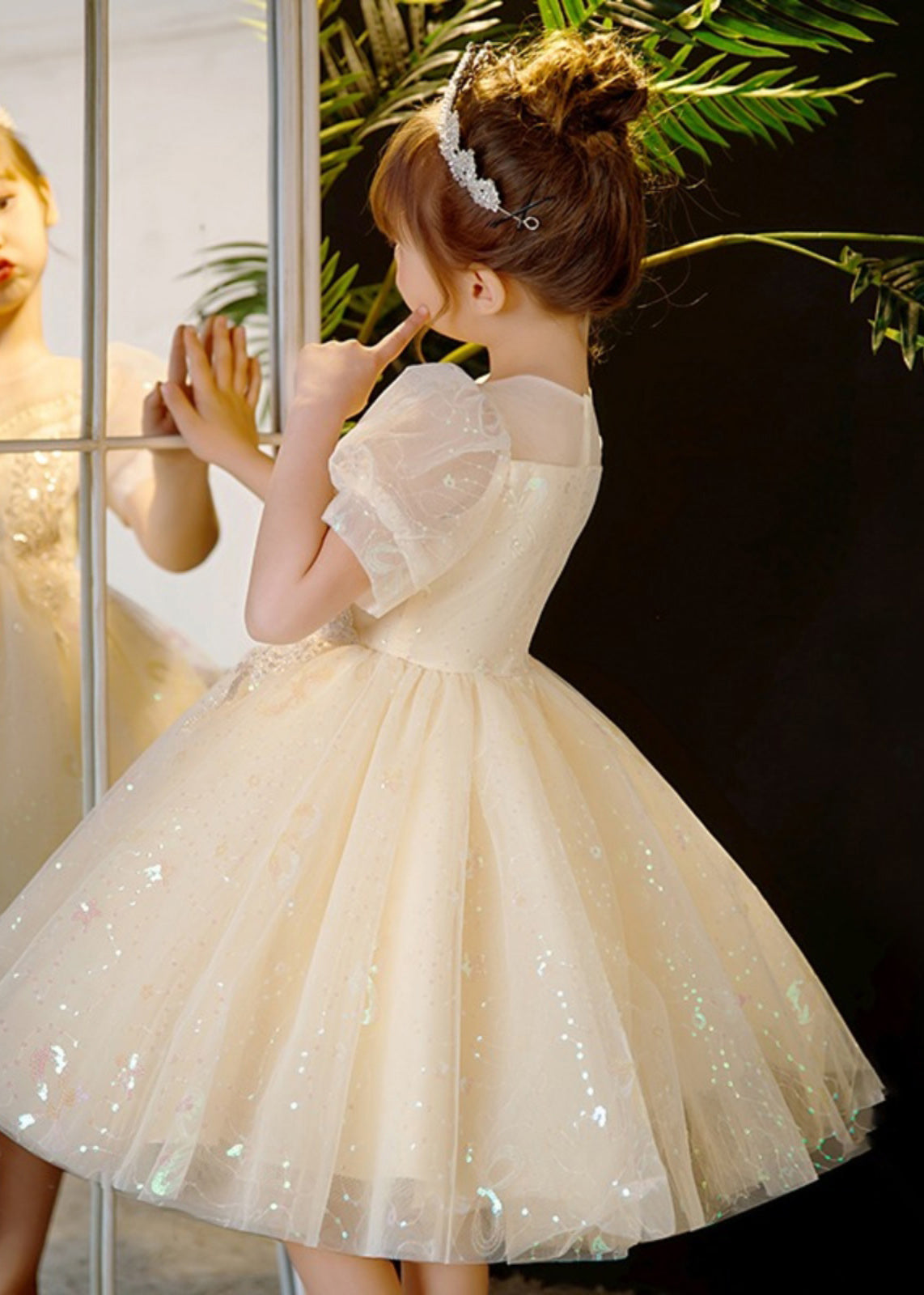 Champagne Sequins Patchwork Nail Bead Tulle Kids Mid Dress Summer