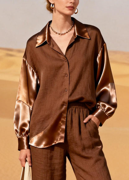 Chocolate Asymmetrical Patchwork Linen Two Piece Suit Set Spring