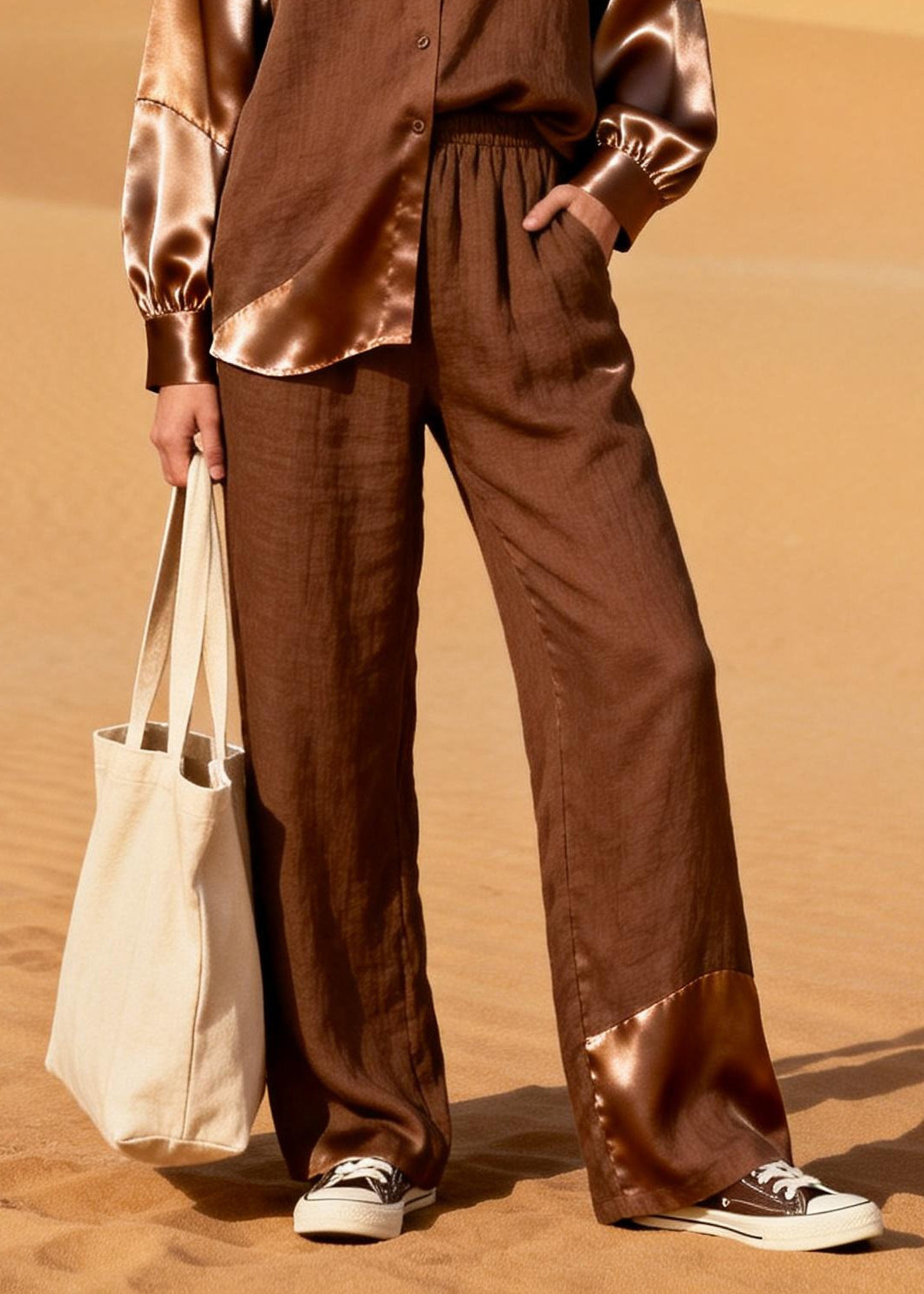 Chocolate Asymmetrical Patchwork Linen Two Piece Suit Set Spring