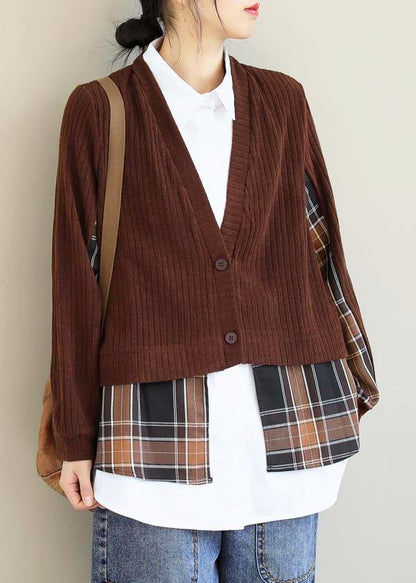 Chocolate Patchwork Top Lapel False Two Pieces Tunic Blouses