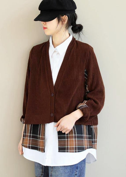 Chocolate Patchwork Top Lapel False Two Pieces Tunic Blouses
