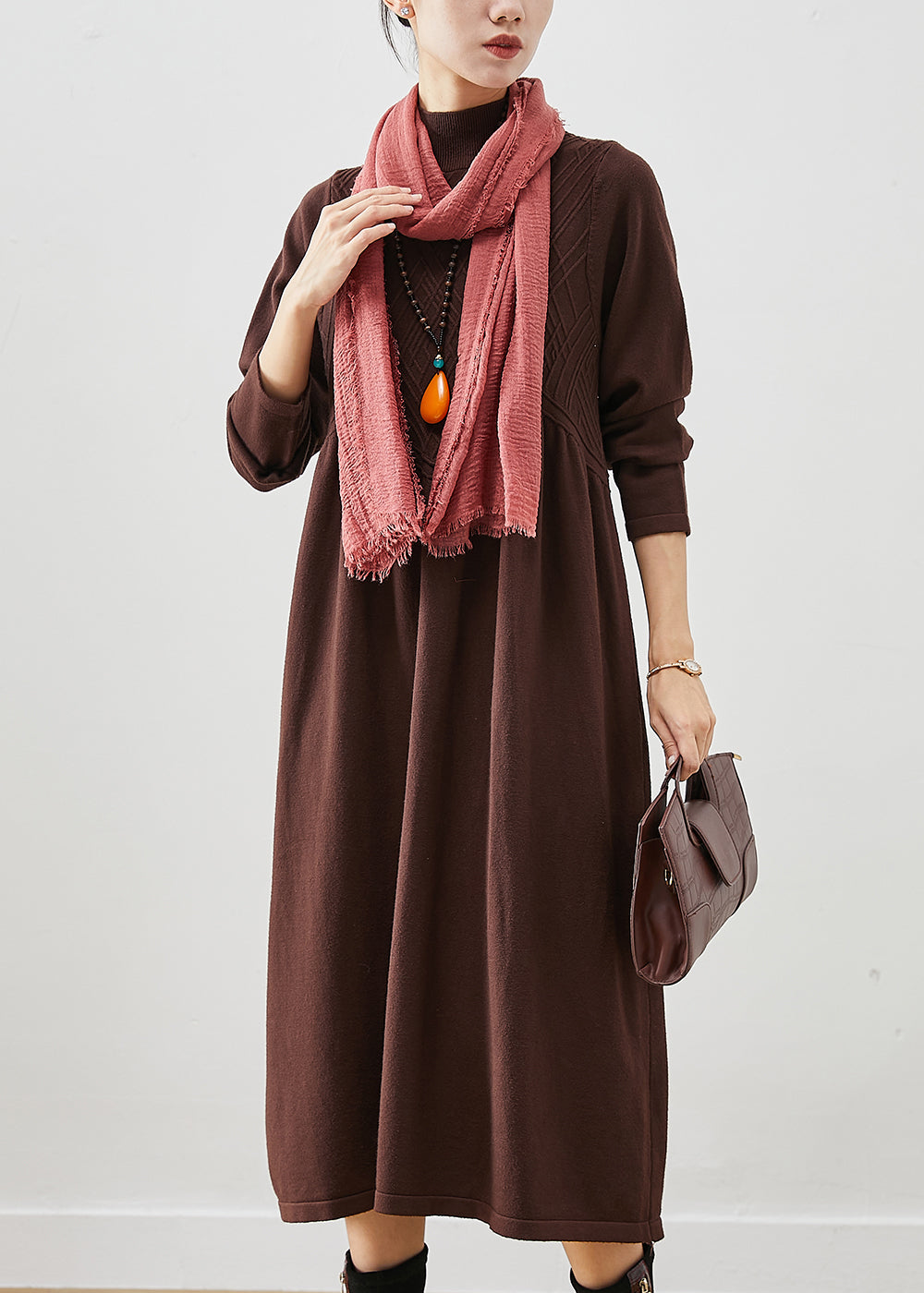Chocolate Stand Collar Knit Holiday Dress Spring