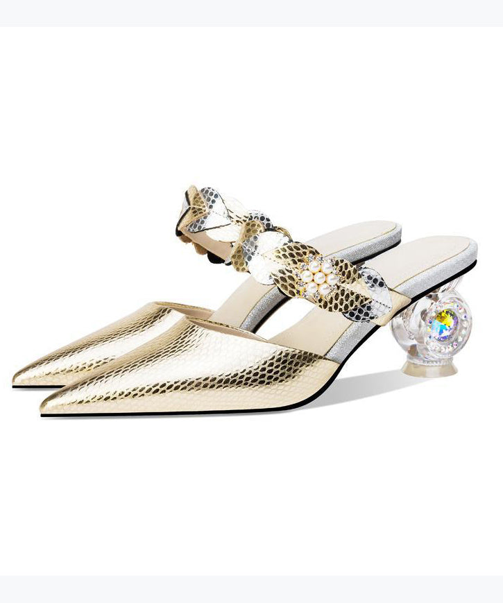 Chunky Heel Green Zircon Pointed Toe Slide Sandals