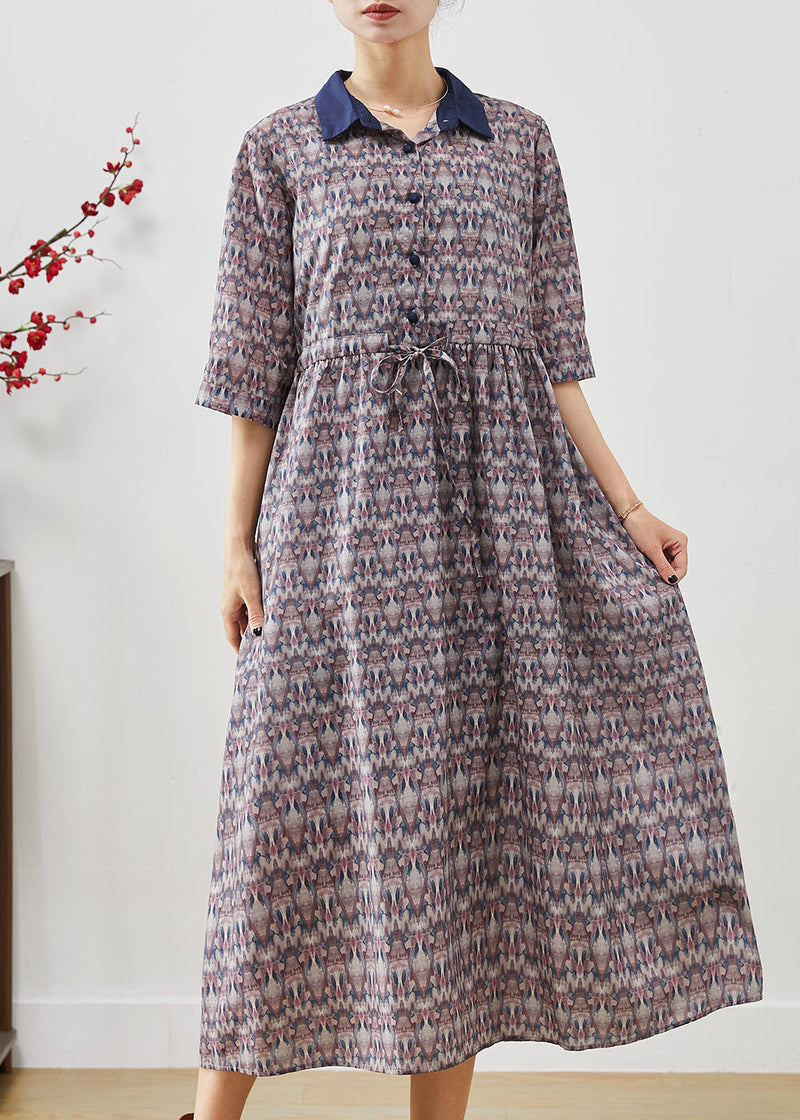 Cinched Print Cotton Long Dress Half Sleeve