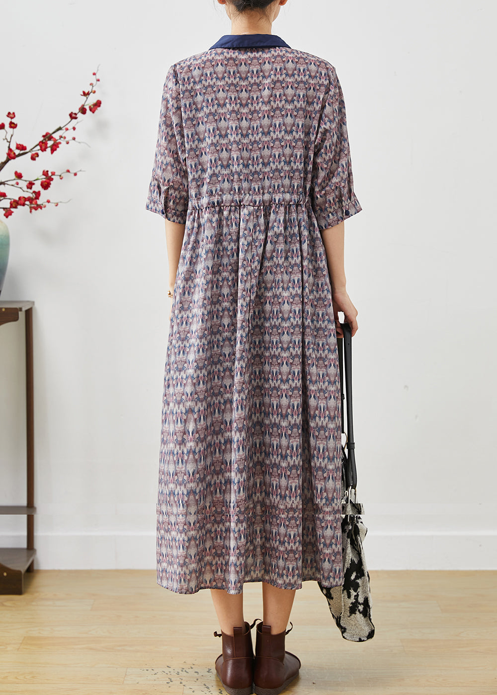 Cinched Print Cotton Long Dress Half Sleeve