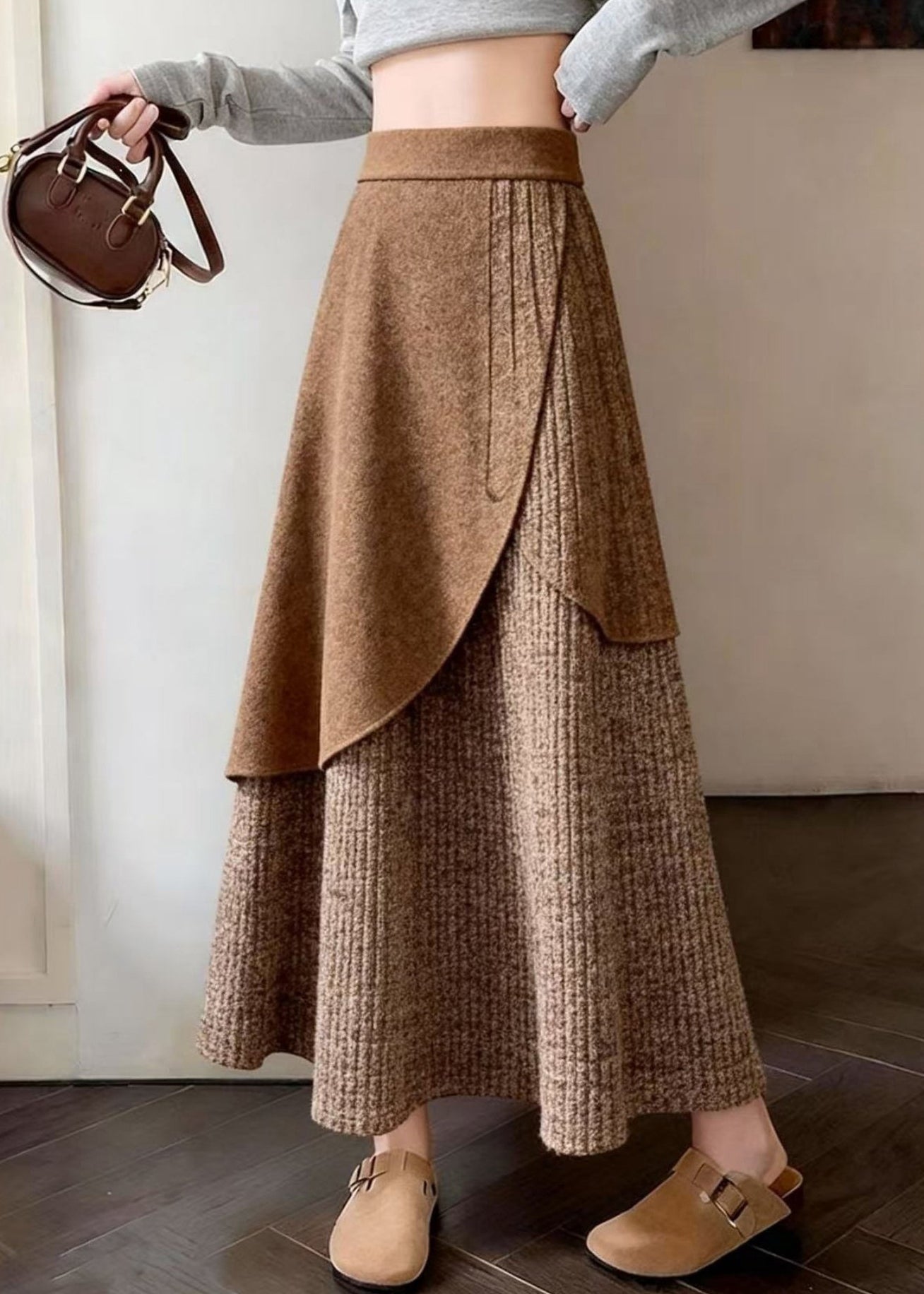 Coffee Asymmetrical Design Knit a Line Skirts Spring
