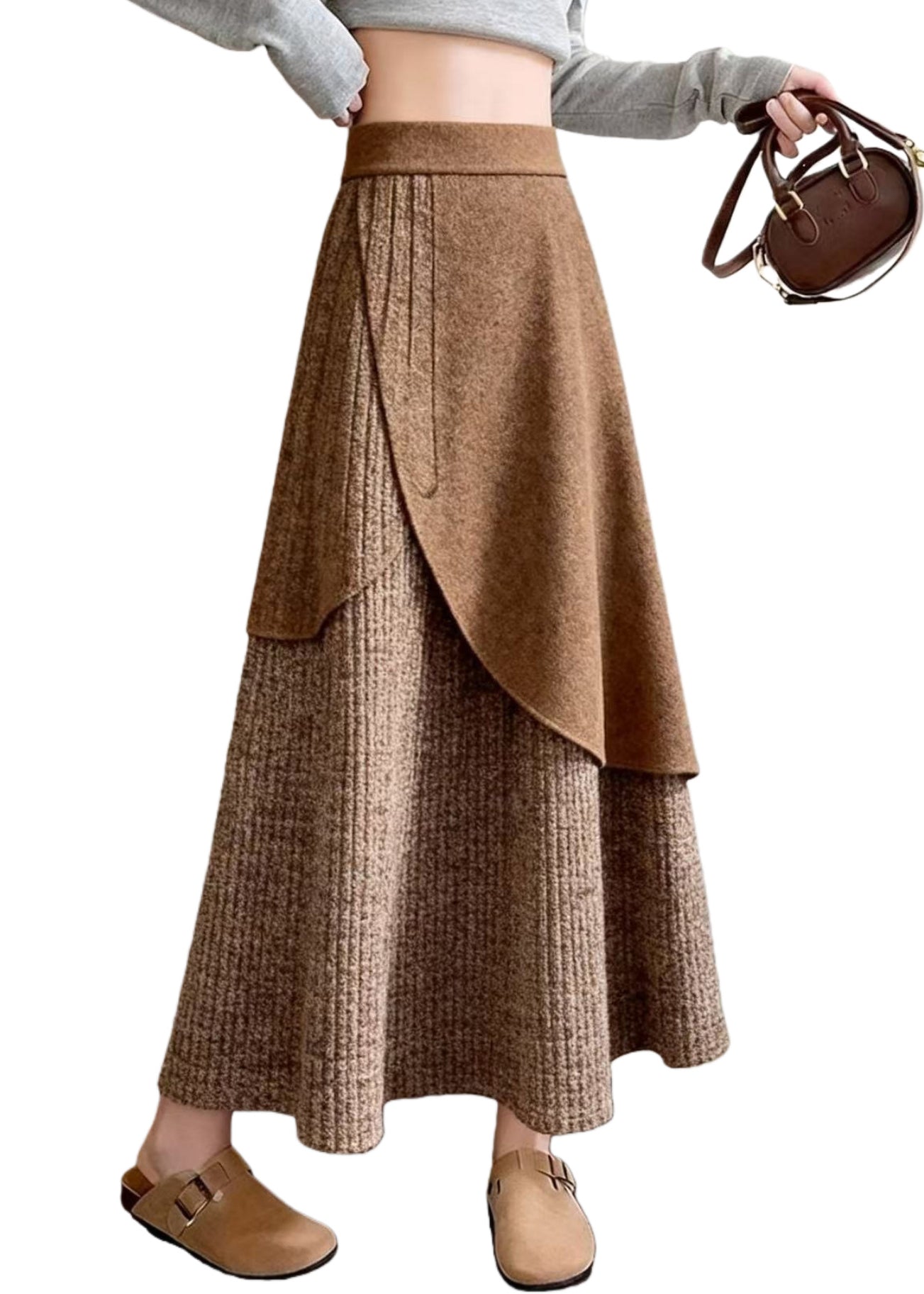 Coffee Asymmetrical Design Knit a Line Skirts Spring