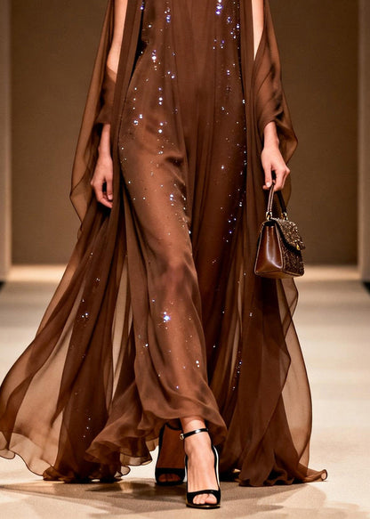 Coffee Cold Shoulder Zircon Chiffon Maxi Dresses Sleeveless