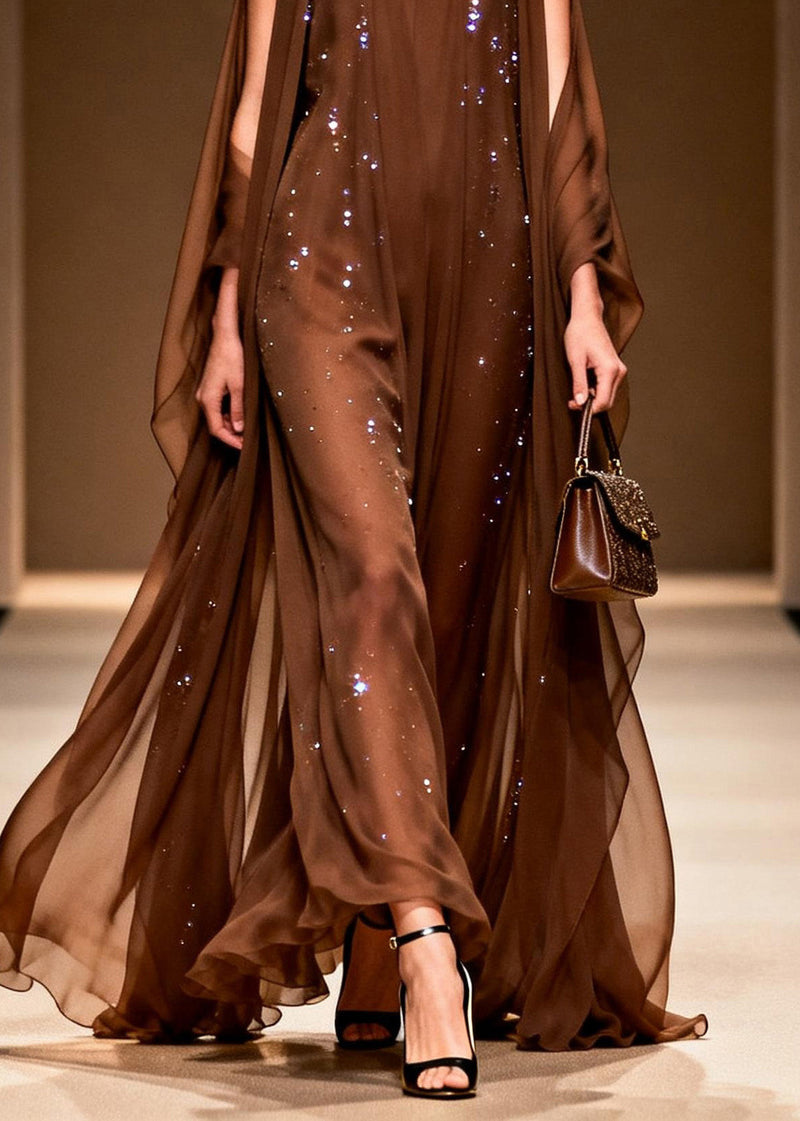 Coffee Cold Shoulder Zircon Chiffon Maxi Dresses Sleeveless