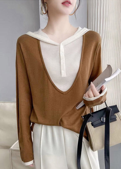 Coffee Hooded Patchwork False Two Pieces Cotton Knit Tops Fall