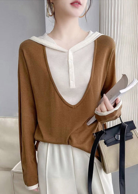 Coffee Hooded Patchwork False Two Pieces Cotton Knit Tops Fall