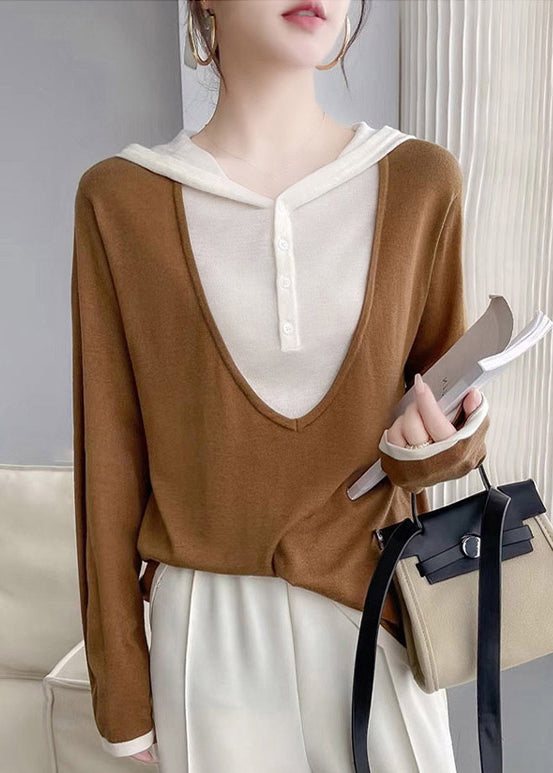 Coffee Hooded Patchwork False Two Pieces Cotton Knit Tops Fall