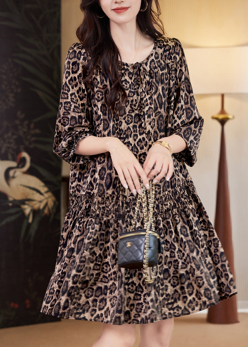 Coffee Leopard Print Elastic Waist Mid Dresses Fall