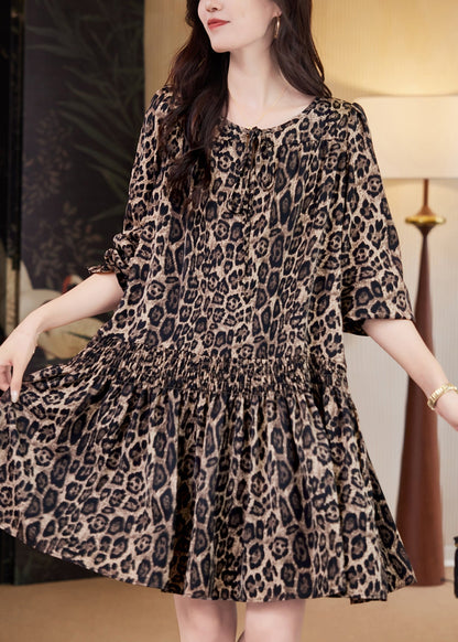 Coffee Leopard Print Elastic Waist Mid Dresses Fall