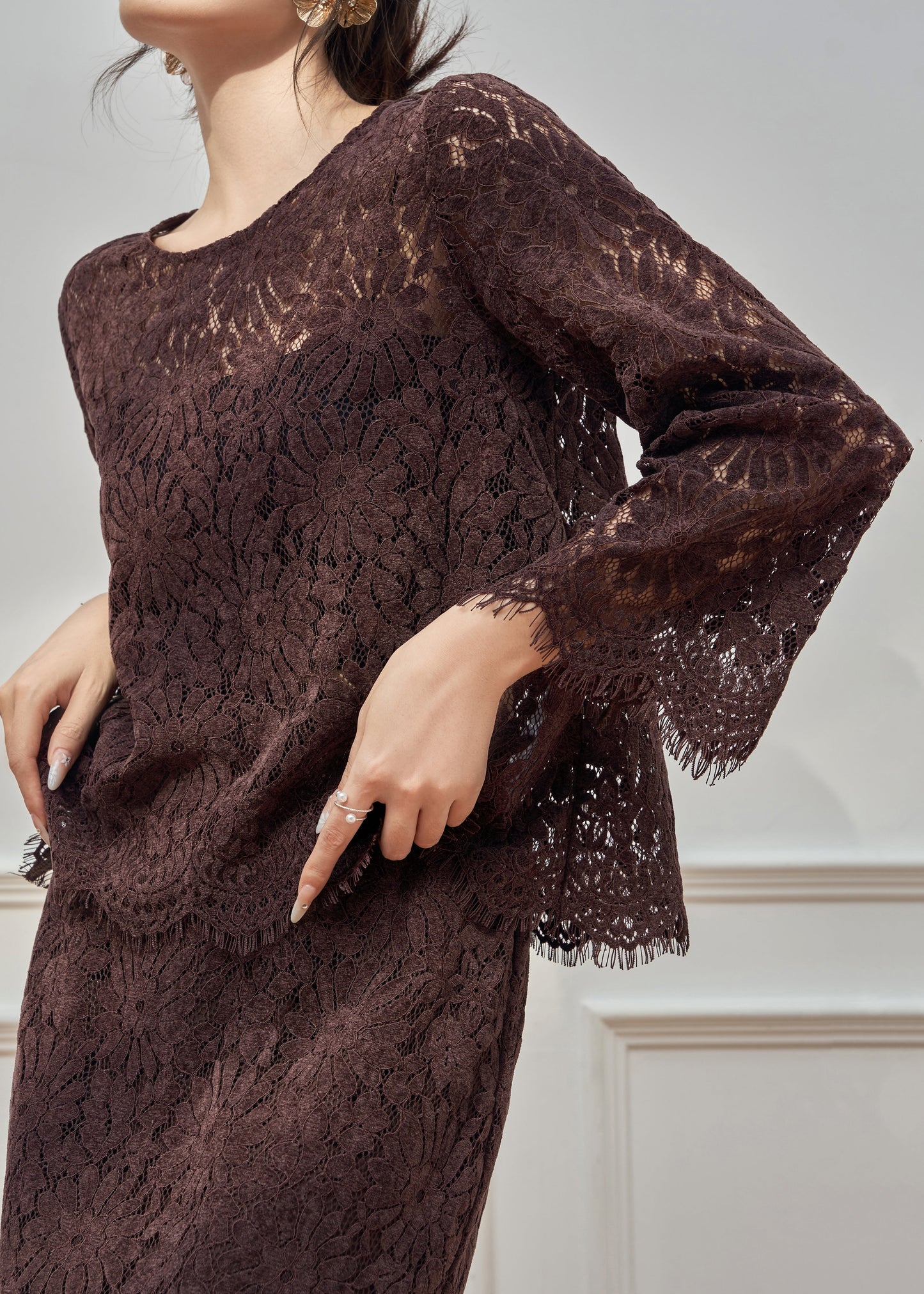 Coffee O Neck Hollow Out Lace Two Pieces Set Fall