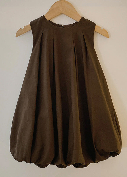 Coffee O-neck Patchwork Wrinkled Cotton Kids Maxi Dresses Sleeveless