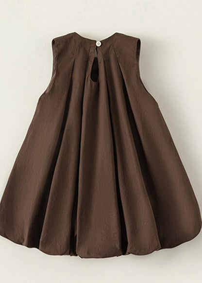 Coffee O-neck Patchwork Wrinkled Cotton Kids Maxi Dresses Sleeveless