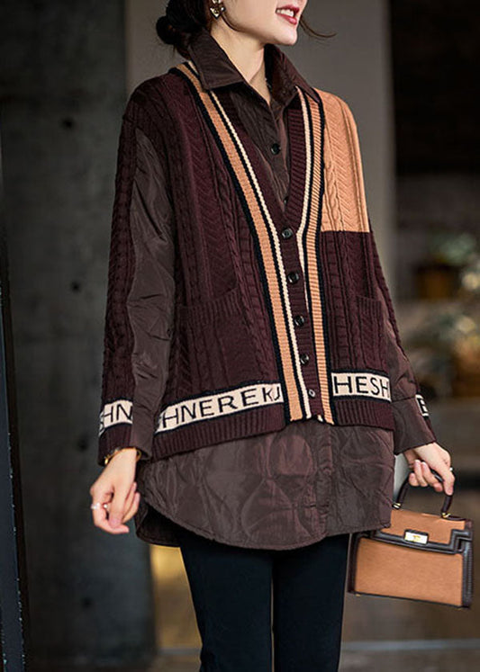 Chocolate Peter Pan Collar Knit Patchwork Fine Cotton Filled Shirt Top Winter