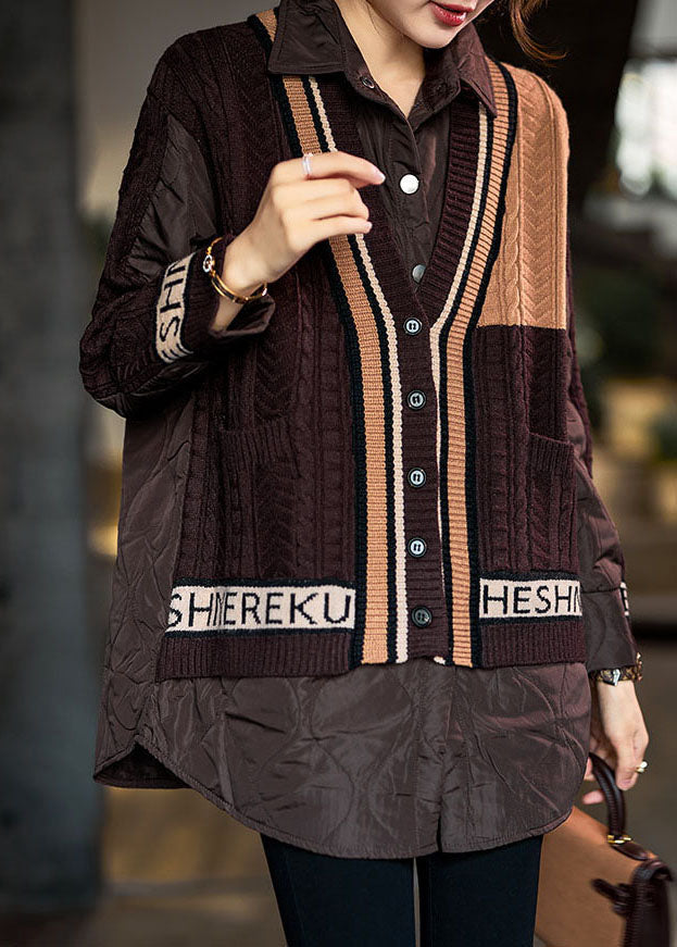 Chocolate Peter Pan Collar Knit Patchwork Fine Cotton Filled Shirt Top Winter