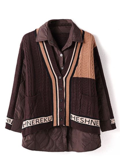 Chocolate Peter Pan Collar Knit Patchwork Fine Cotton Filled Shirt Top Winter