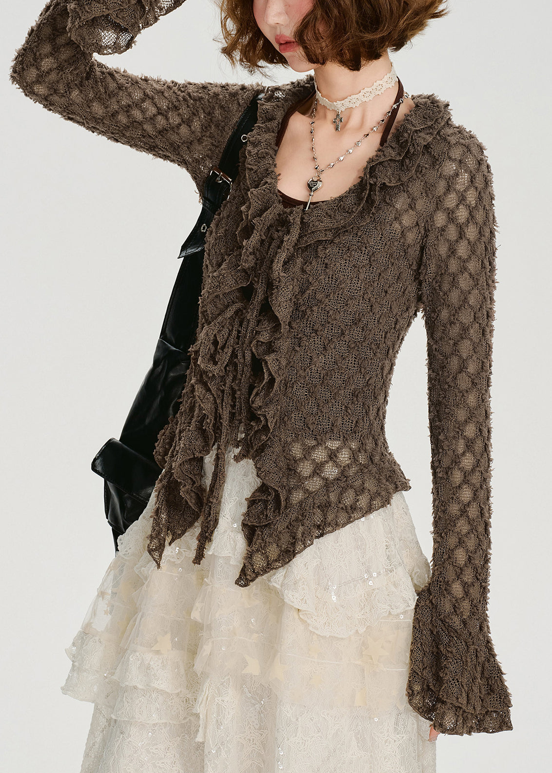 Coffee Ruffled Hollow Out Knit Shirts Flare Sleeve