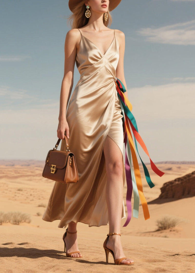 Coffee Side Open Multicolour Ribbon Silk Sundress Summer