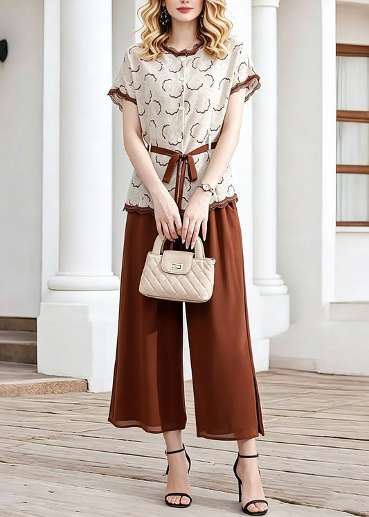 Coffee Tie Waist Chiffon Tops and Crop Pants Two Piece Set Short Sleeve