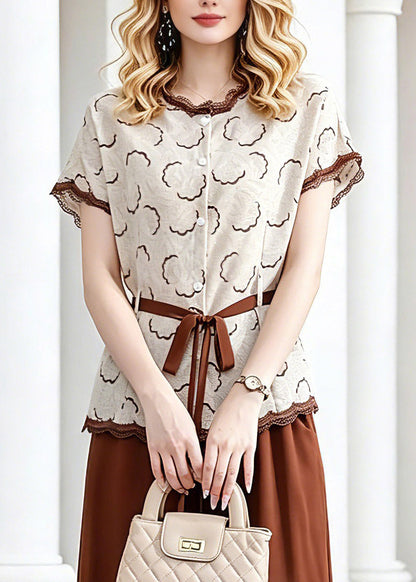 Coffee Tie Waist Chiffon Tops and Crop Pants Two Piece Set Short Sleeve