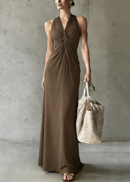 Coffee V Neck Cold Shoulder Wrinkled Long Dress Summer