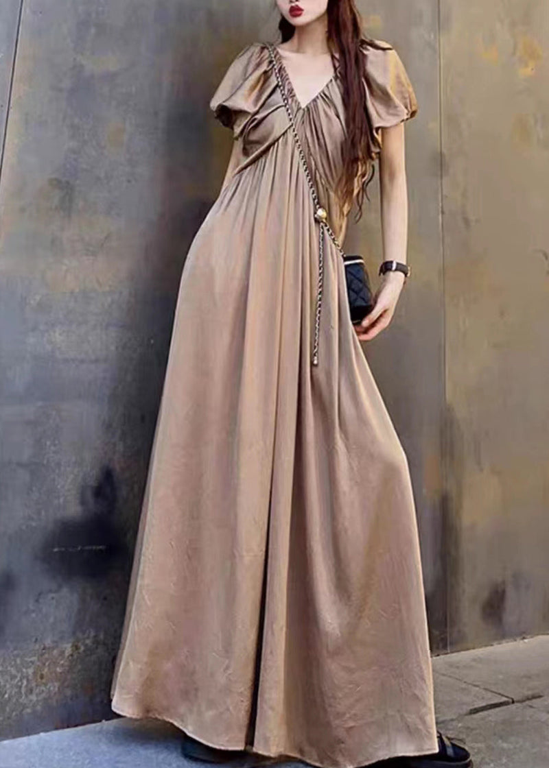 Coffee V Neck Wrinkled Patchwork Cotton Long Dresses Summer