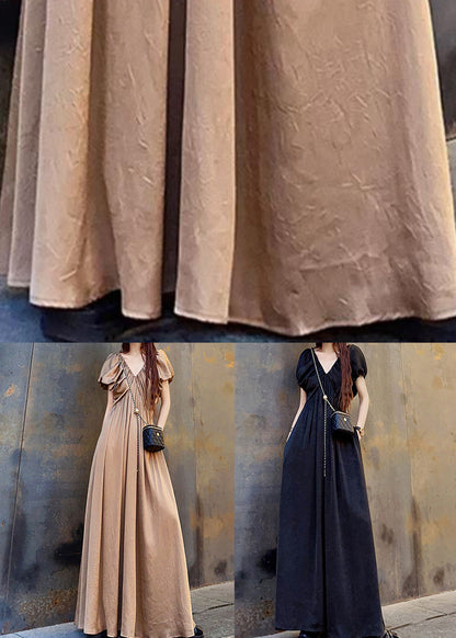 Coffee V Neck Wrinkled Patchwork Cotton Long Dresses Summer