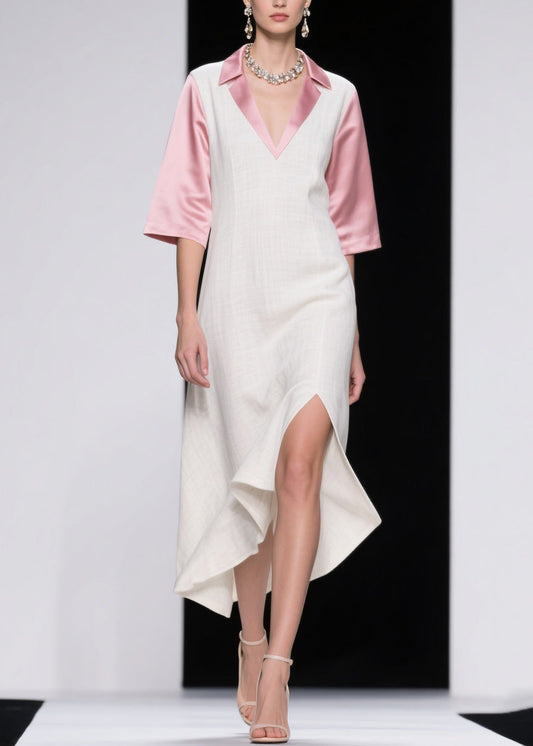 Colorblock Asymmetrical Patchwork Linen Silk Dresses Summer
