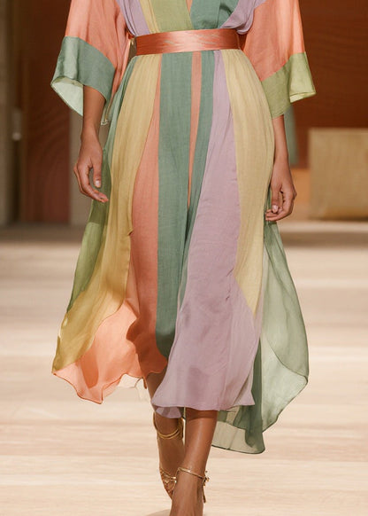 Colorblock Cinched Striped Silk Cotton Dress Summer