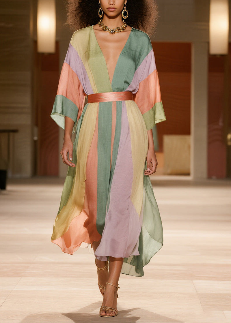 Colorblock Cinched Striped Silk Cotton Dress Summer